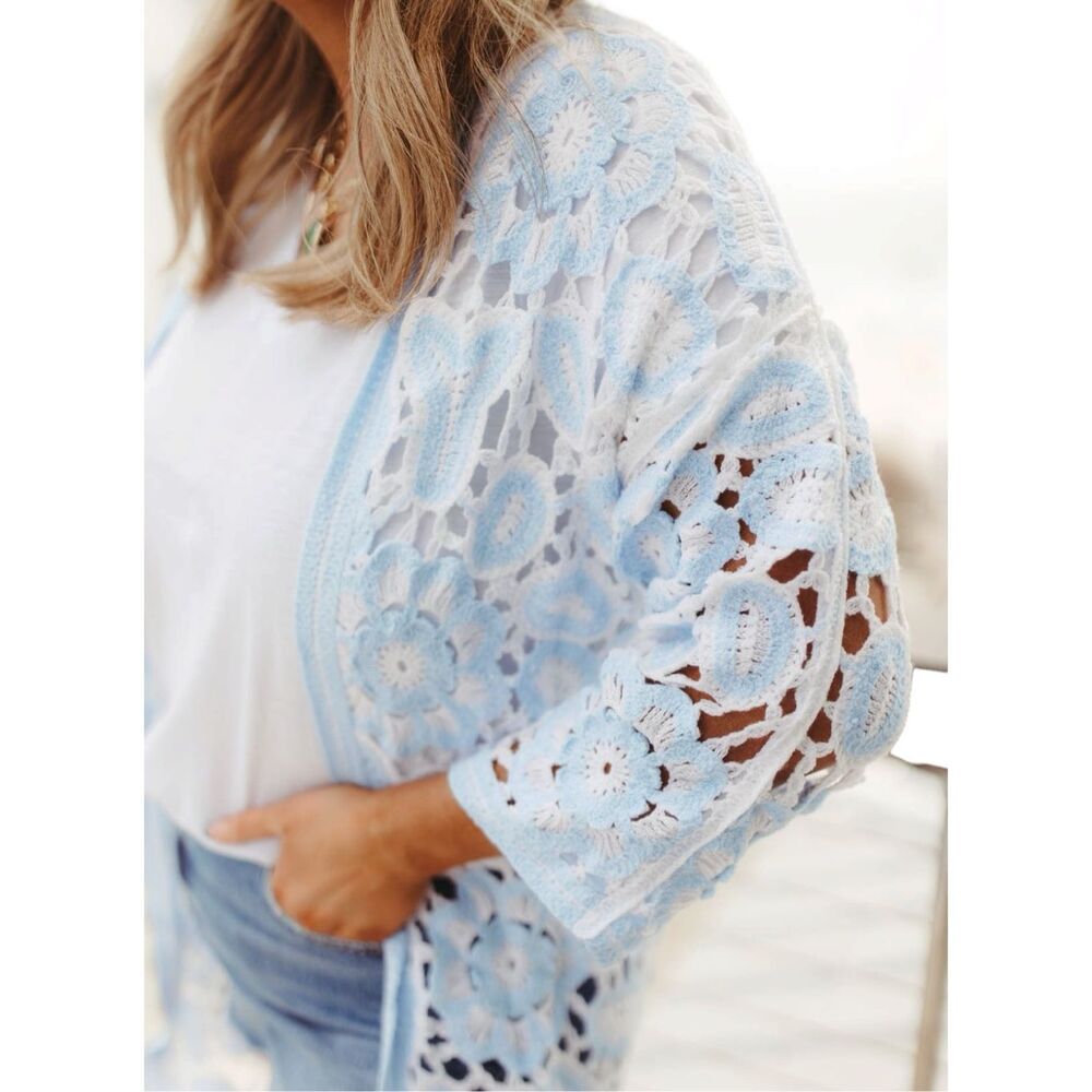 POL Blue Crochet Duster Cardigan Boho Kimono Open Knit Lace Patchwork Floral NEW - Picture 9 of 16